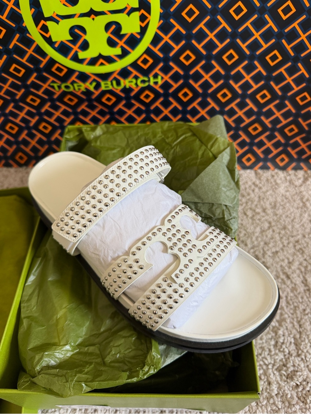 Tory Burch Ines Stud Sport Slide Sandals Cloud Silver Size 8.5
